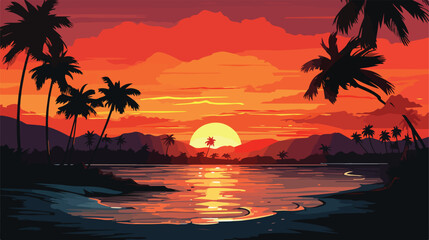 Sunset in Fiji 2d flat cartoon vactor illustration