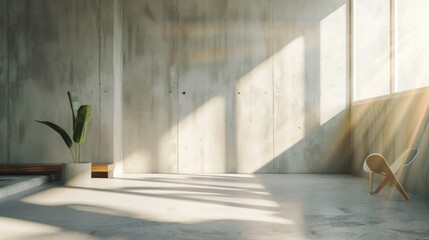 Minimalist Interior with Concrete Walls, Sunlight, and Modern Chair