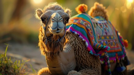  A realistic depiction of a baby toy camel nestled amidst blooming flowers and verdant foliage in a peaceful garden oasis. - obrazy, fototapety, plakaty