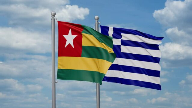 Greece and Togo two flags waving together, looped video, two country relations concept