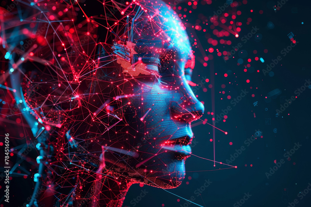 Poster a woman's face is shown in a computer generated image with a lot of red