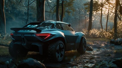 Futuristic off-road vehicle adventure in misty forest