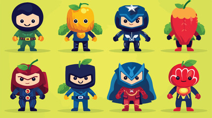 Superheroes fruits in different costumes set of col