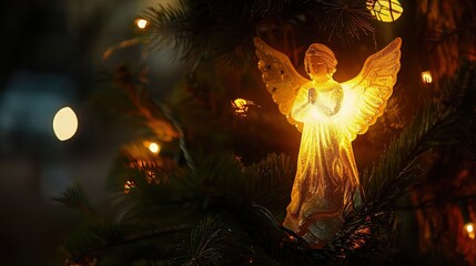A breathtaking scene of a Christmas tree illuminated by golden lights, with a small angel figurine perched atop the highest branch.  - obrazy, fototapety, plakaty