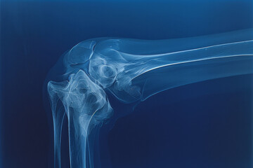 A blue and white x-ray of a knee