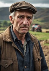 A man in overalls and a flat cap stands in the grassy steppe under a cloudy sky