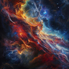 A colorful galaxy with a red and orange cloud in the middle