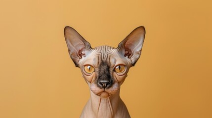 Hyperrealistic Sphynx cat, on yellow background, empty space, banner