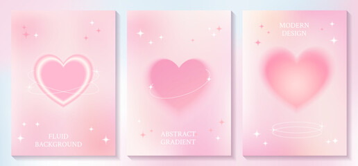 Set of abstract fluid pastel pink background with gradient blurry heart and star, trendy minimal template with brutalism geometric shapes for card, banner, poster, cover design.