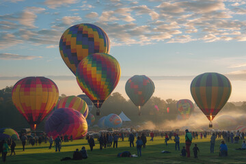 A bunch of hot air balloons are flying in the sky with the sun shining on them - Powered by Adobe