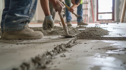 Construction workers installing ceramic tile on a concrete floor using levelers, trowels, and mortar