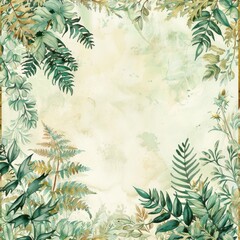 Fototapeta na wymiar A beautiful watercolor painting of a lush green garden with ferns, leaves, and flowers.