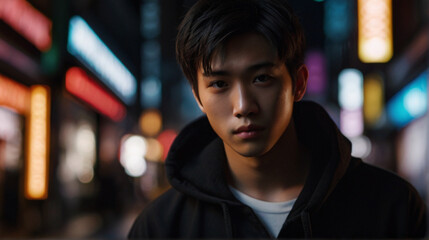 Closeup portrait of an attractive young Japanese man in street full of bright glowing neons in the background