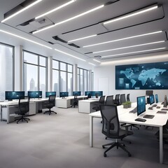 Smart office buildings equipped with IoT devices, collaborative workspaces, and virtual meeting rooms, enabling seamless communication and productivity.