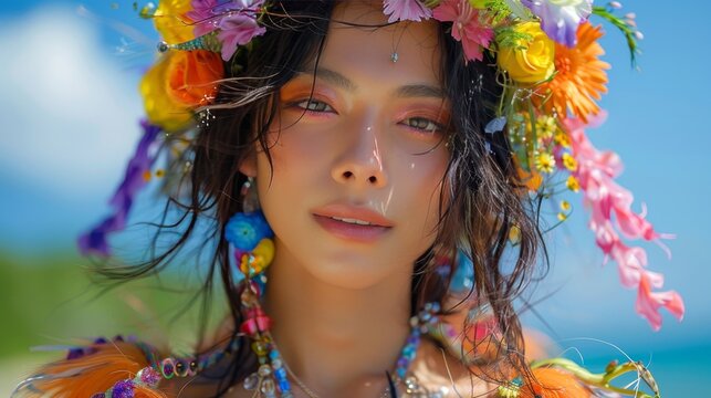 Happy Thai young boy Transgender on the beach sea with bright makeup, flowers in hair, LGBTI concept, banner, copy space