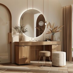 a bathroom with a round mirror and a stool - obrazy, fototapety, plakaty