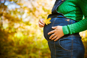Woman holding maple leaf in her hands near her pregnant belly