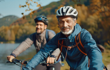 smiling senior man with his son on bicycles at the lake, wearing sports gear and backpacks