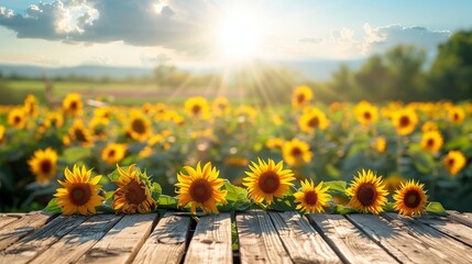 Sunflowers on Wooden Table with Sunset Background