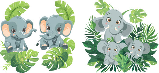Baby elephants. Cute cartoon animal and tropical leaves