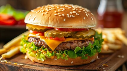 a cheeseburger with pickles and lettuce on a wooden surface