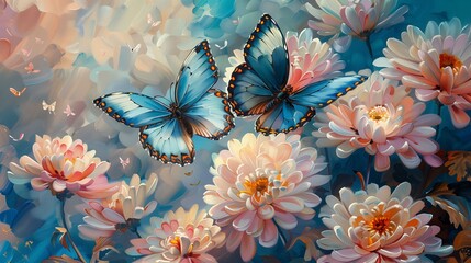 Fototapeta na wymiar Blue Butterflies on Pastel Blooms Oil Painting