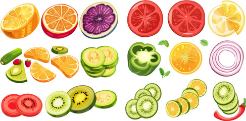 Sliced fruit and vegetable. Cartoon vegetarian food cutted slices, rings and pieces
