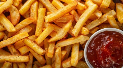 Delicious close-up of french fries flat lay, top view food photography for menu or advertisements, banner - obrazy, fototapety, plakaty