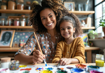 Happy mother and daughter painting together at home, portrait of a smiling African American woman with curly hair sitting casually at a table near a little girl doing an art activity using paints