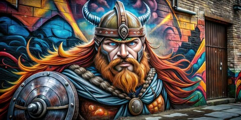 Beautiful realistic street art of Viking warriors on walls in European culture.
