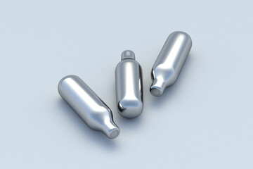 Scattered CO2 cartridges on gray background. Laughing gas. Metal tank with compressed air for weapon. Nitrous Oxide container. 3d render