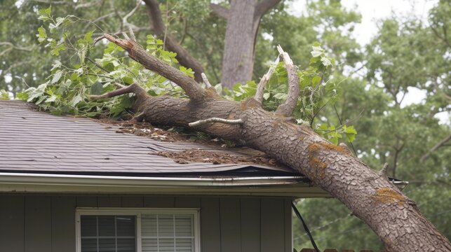 Fallen tree on house roof after hurricane.&nbsp;property insurance