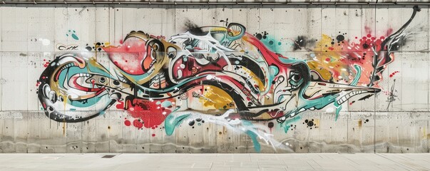 A graffiti of a colorful abstract creature with a long tail on a concrete wall.