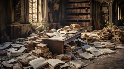 An ancient ruined library with ancient books and manuscripts scattered on the floor.