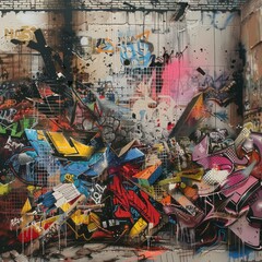Fototapeta premium A graffiti-covered wall with a bunch of abstract imagery