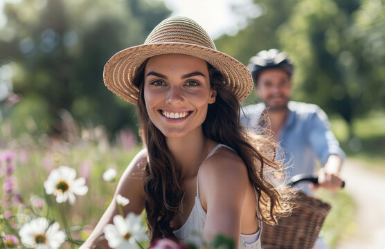 Happy young couple riding bicycles in the park, summer nature background. Love and family concept with smiling woman wearing a hat on bike ride outdoors. 