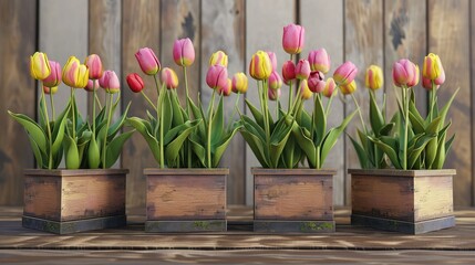  A rustic wooden box filled with vibrant tulips takes center stage against a textured wooden...