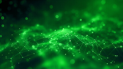 Green abstract background with a connected network grid and particles