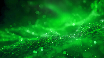 Green abstract background with a connected network grid and particles