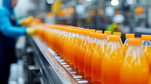 Female worker inspects bottled fruit juice on beverage factory conveyor belt for quality control