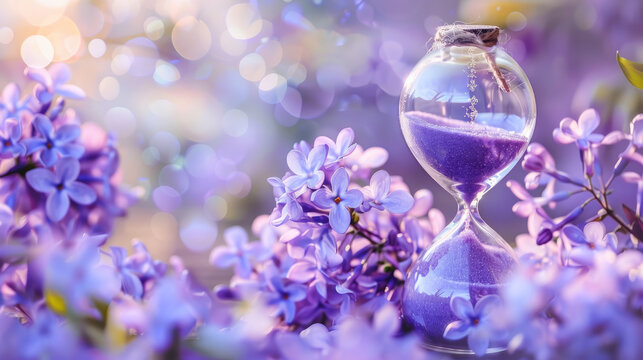 Time ticking away like sand flowing through an hourglass, counting down to a looming deadline on a delicate lilac spring background.