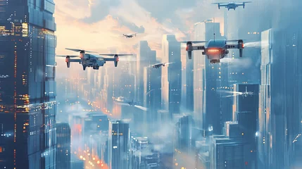 Fotobehang  delivery drones soaring through urban skies © Suresh Thangavel
