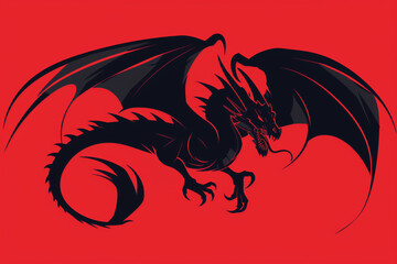 Black dragon with wings spread flying, isolated on red, flat vector