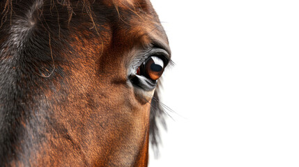 Close up of the brown horse on white background, copy space for text