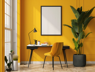 Mockup an empty, blank vertical poster canvas, nestled within a  yellow-painted, modernist minimalist home