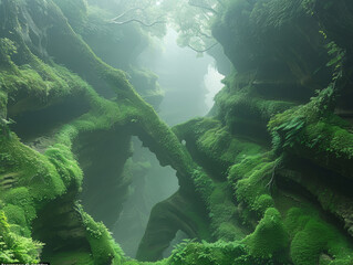 A mist-shrouded ravine in a verdant forest evokes mystery and a sense of exploration