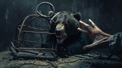 A hand reaching for a house loan inside a large bear trap, representing the dangers of mortgages and financial deceit.