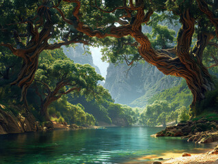 An ethereal image capturing the serene beauty of ancient twisted trees overlooking a tranquil river in a forest