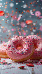 Strawberry Donuts On a white table with colorful paper scattered all over the picture