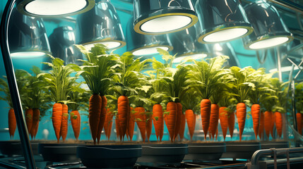 Carrot grow in hi-tech controlling environment with bright light in research and experiment theme, concept for future agricultural, vertical farming, high- tech garden tools, hydroponic garden - obrazy, fototapety, plakaty